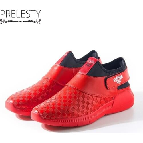 Prelesty Men Comfortable Genuine Cow Leather Checkered Sneakers Hood & Loop Suitable Shoes Outdoor Autumn Fashion Solid Color