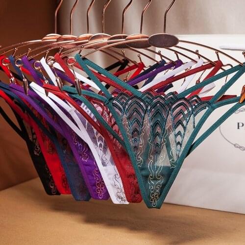 Sexy Panties Women Lace Floral Thong Open Crotch Perspective Underwear Embroidered Pearl Decor Crotchless G-String Lingerie