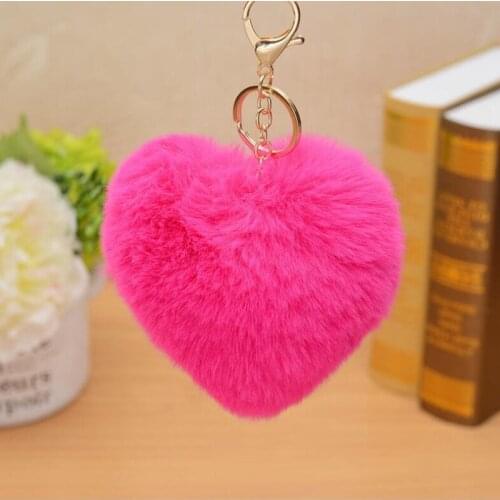 Cute Love Heart Keychain Fluffy Fake Rabbit Fur Pompom Ball Key Ring Women Girl Bag Charm Pendants Wedding Party Favor Gift