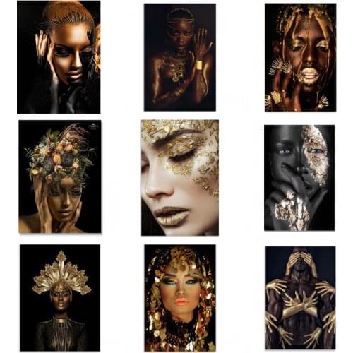 Modern Mural Girls Poster black and Gold Woman Portrait Canvas Printings Wall Art Cuadros Pictures Decoration Figure Painting