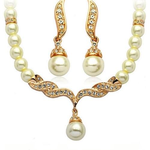 Wedding Bridal Pearl Jewelry Set Necklace Stud Earrings Set Women Lady Gift Party Wedding Jewelry Gold Drop Earrings Vintage