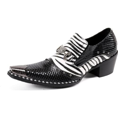 Summer Casual New Mens Classic Fashion Shoes Personalized Pointed Crocodile Grain Cowhide Leather Rivet High-heeled Mens Shoes