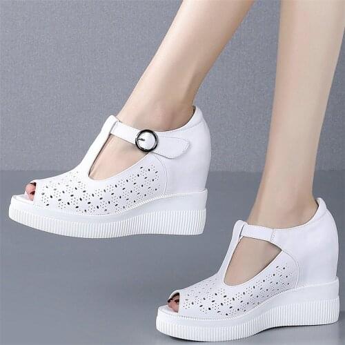 Summer Fashion Sneakers Women Breathable Genuine Leather Wedge High Heel Ankle Boots Female Peep Toe Platform Pumps Casual Shoes