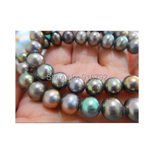 YH@CS >8-9mm natural tahitian peacock green pearl necklace 18'' 14KG