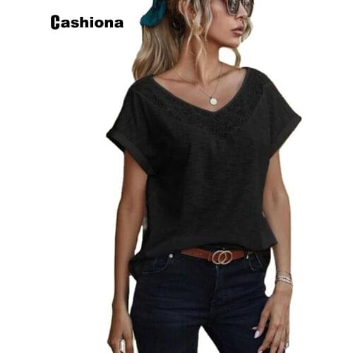 Cashiona Women Elegant Leisure Casual T shirt Black White Patchwork Lace Womens Top Vintage 2021 New Summer Loose Shirt Femme