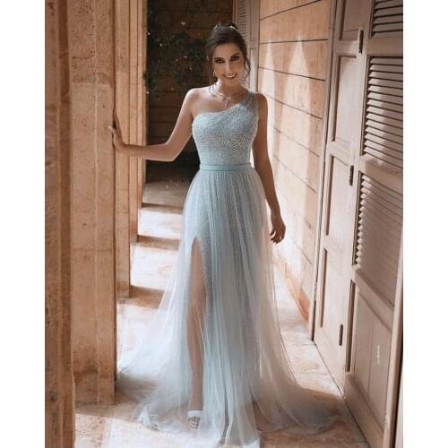 2020 Mint Blue One Shoulder Bling Bling Sequin Lace Sleeveless Thigh High Slit A Line Prom Dresses