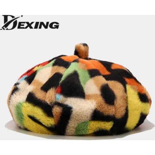 Autumn Winter Rabbit Fur Beret French Hat Fashion Graffiti Rainbow Letter Octagonal Hat Lady Girls Warm Winter Hats for Women