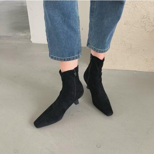 Vangull Women Boots British Style Flock Velvet Stretch Boots Casual Fashion Internal Handmade Classic Zipper Short Boots Female