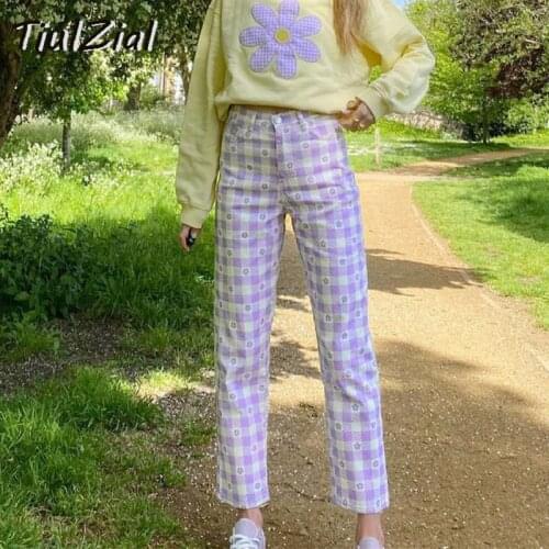 TiulZial Purple Print Floral Plaid Y2K Striaght Pant Summer High Waist Capris Sweatpants E Girl 90S Women Bottom