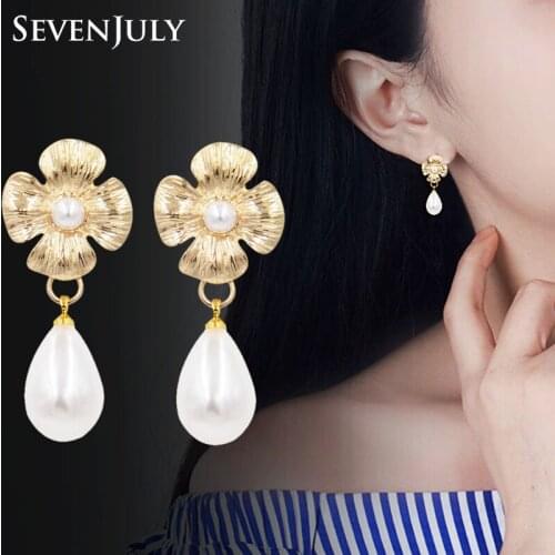 Elegant Metal Flower Dangle Earrings For Women Teardrop Pearl Vintage Fashion Jewelry Accessory