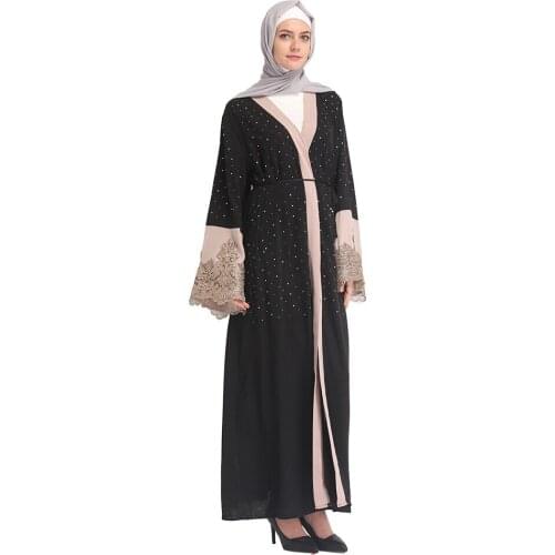 Factory stock f8841-2 Muslim embroidered long skirt lady dubai ironed diamond abaya cardigan long sleeve Arab hot seller