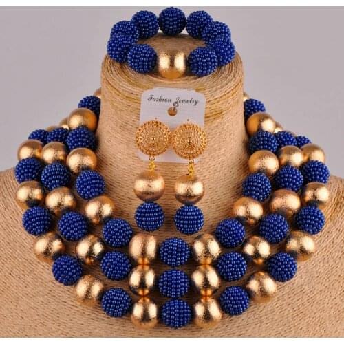 Royal blue african wedding beads simulated pearl nigerian necklace african set costume jewelry set FZZ80