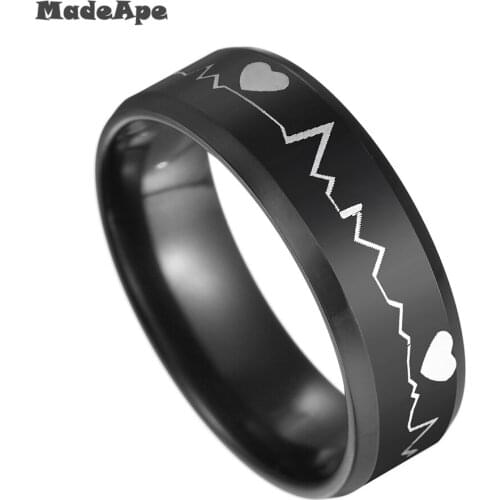 MadApe Heart Shape Smooth Thick Titanium Steel Black Ring Electrocardiogram Heartbeat Rings For Women Men Rock Ring Jewelry