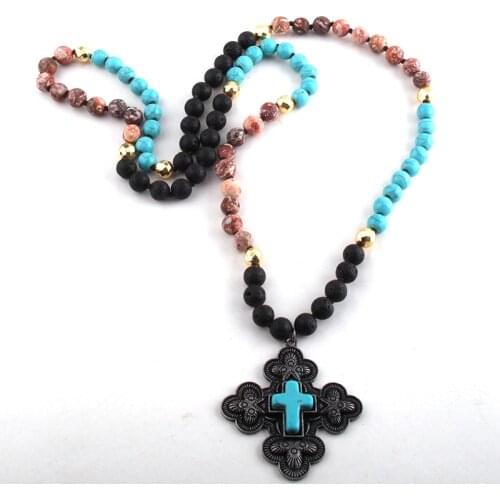 RH Fashion Bohemian Tribal Jewelry Stone Long Knotted Black Metal Cross Pendant Necklaces For Women Necklace