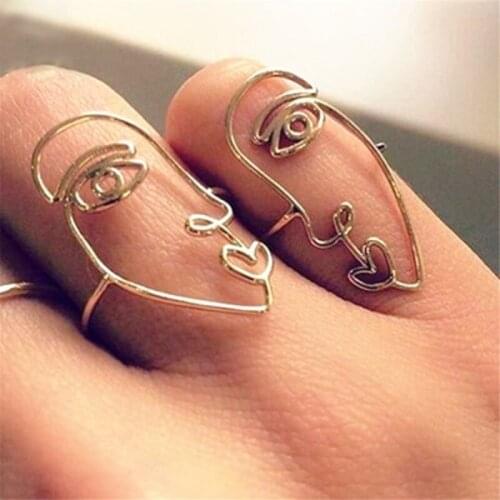 2PCS/Set Hip Hop Unique Abstract Face Ring Set Hollow Minimalist Matching Half Face Rings for Women Anillos Mujer Couple Ring