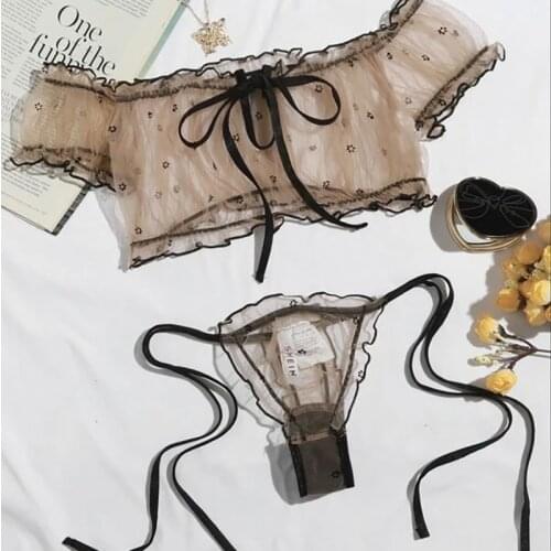 2021 New Sexy Women Lingerie Cute Floral Bra Set Off Shoulder Brassiere+Panties Three-Point Underwear Set Transparent Lingerie