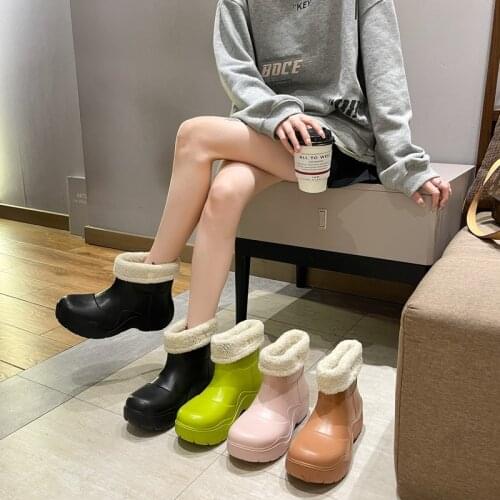 2021 Winter New Fashion Short Tube Plush Rain Boots Thick-soled Non-slip Casual Ankle Boots Candy Colors Keep Warm Boots