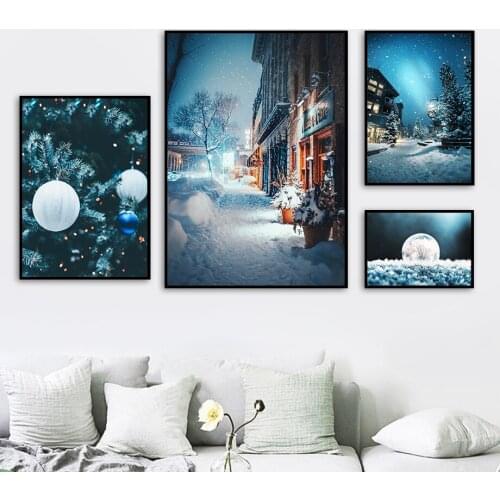 Snowing Christmas Tree Cozy Town Wall Art Canvas Painting Nordic Posters And Prints Wall Pictures For Living Room Home Decor