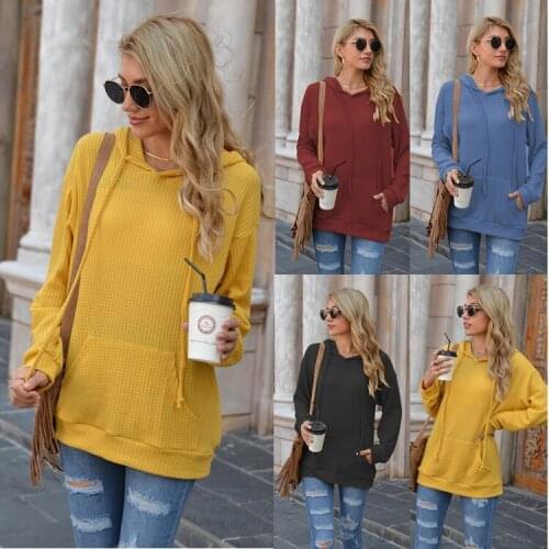 Autumn/winter Womens Waffle Pocket Hooded Long-sleeved Shirt Loose-fitting Sweater