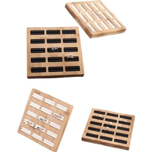 15 Grids Rings Storage Tray Jewelry Display Rack Bamboo PU/Velvet Jewelry Rings Organizer Rack Display Showcase Shelf