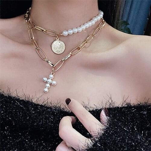 Luxury Simulated Pearl Short Choker Necklaces Gold Color Cross Multilayer Chain Portrait Pendant Necklace For Women Fashion