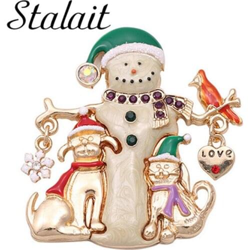 Christmas New Year Snowman With Dog Cat Brooch Fashion Love Heart Bird Crystal Brooch Scarf Gifts Pins Brooches Suit Jewelry
