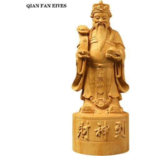 21cm God of Fortune Solid Wood Statue Hand carved figures of Buddha Traditional wood craft Home decoration figurines