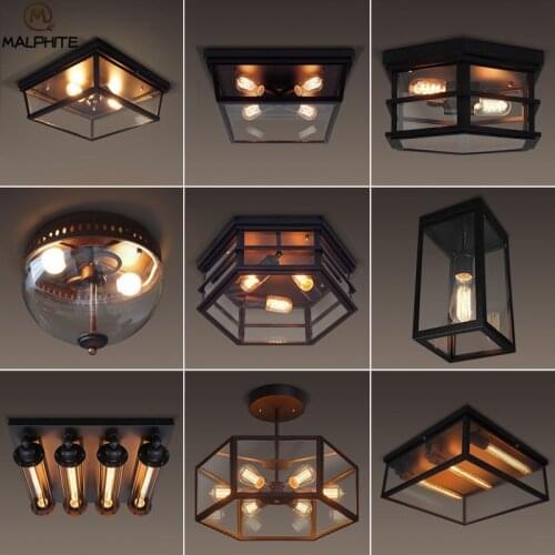 Retro LED Ceiling Lights Industrial Decor Modern Glass Hanging Ceiling Lamp Luminaire Cafe Rectangle Industrial Lighting Fixture