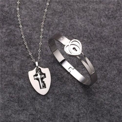 Titanium Steel Love Puzzle Couple Heart Lock Key Couple Bracelet Necklace Lover Jewelry Set Fashion Jewelry