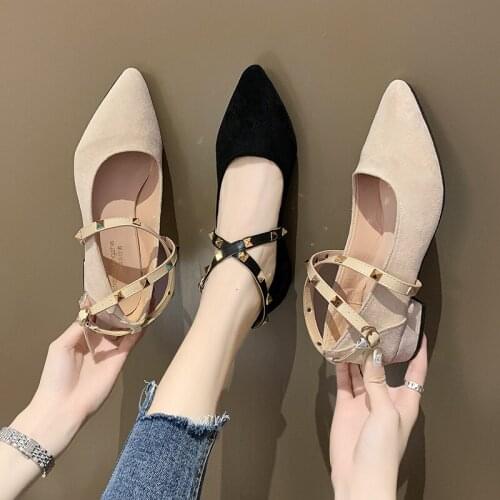 Plus Size 41 Women Flats Cross-tied Ankle Strap Flats Faux Suede Shallow Shoes Pointed Toe Black Sexy Rivets Female Shoes 8266G