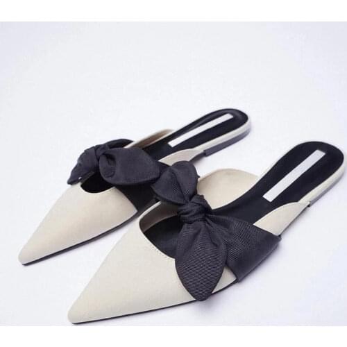 Brand Slippers Women Summer Luxury 2021 New Fashion One Word Buckle Bow Flat-Heeled Beach Sandals Plus Size 41 Chaussure Femme