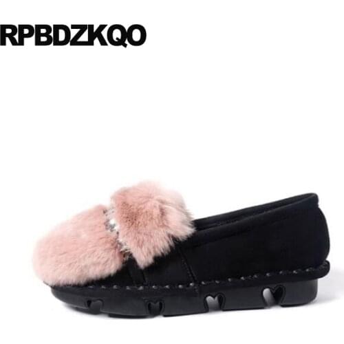 Shallow designer shoes women luxury 2019 gray crystal slip on flats china winter pink rhinestone suede round toe large size fur