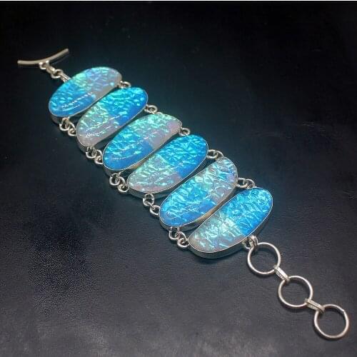 Elegant Unique New Dichroic Glass Silver Color Charms Links Bracelets For Women 6.75 Inch HD778