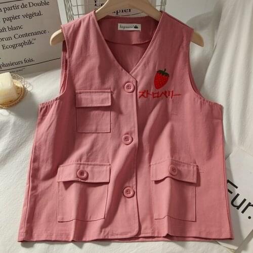 Sleeveless vest cargo jacket women Korean ins cute embroidery pocket casual Oversize coat streetwear vintage Harajuku kawaii top