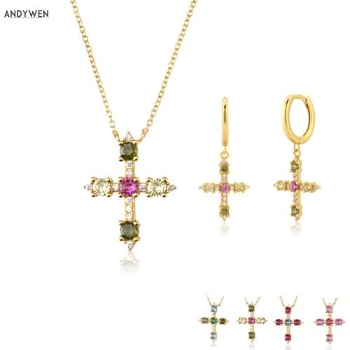 ANDYWEN 925 Sterling Silver Gold Summer Cross Pendant Pendiente Luxury Long Chain Necklace Jewelry Set Women Fine Jewelry Gift