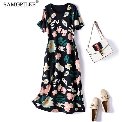 Summer Women Dress 2021 New Cotton Flower Printing Dyeing Round Neck Pocket Short-sleeved Casual Fashion Dresses Woman Plus Size