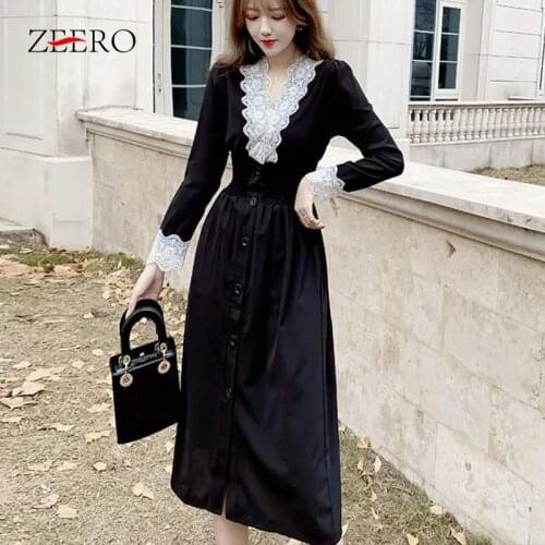 Spring Autumn Women Vintage Sweet Lace Splicing Midi Black Dress Female V-Neck Long Sleeve Elastic Waist Single-breasted Dresses