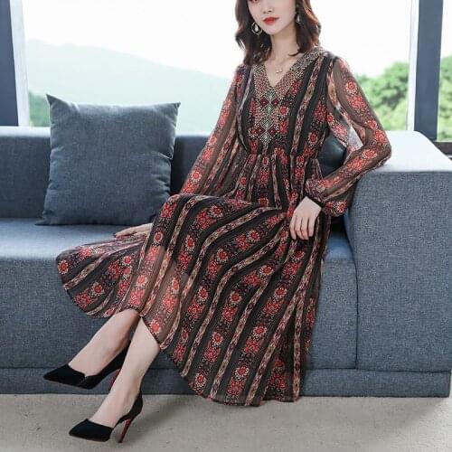 Autumn Vintage Boho Print Mulberry Silk Long Dress 2021 Korea 3XL Plus Size Beach Midi Women Dress Elegant Bodycon Party Vestido