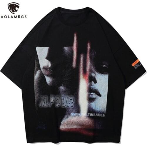 Aolamegs T-shirt Men Advanced Movie Illustration Print Mens Tee Shirts Vintage Harajuku Loose Casual Tops Summer Streetwear Men