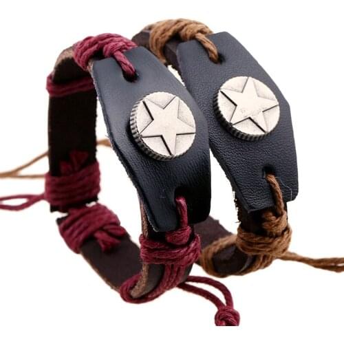 Punk Fashion Star Genuine Leather Bracelet Wrap Vintage Alloy Charm Rope Bangle Wristbands Casual Retro Hiphop Rock Jewelry Gift
