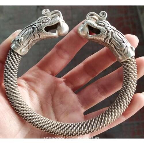 Antique Tibetan old silver Miao nationality silver dragon head bracelet bracelet twisted silk-shaped old object,#03