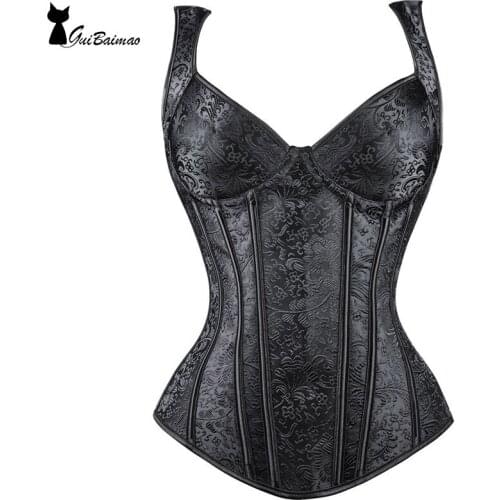 Black Corset Jacquard Boned Straps Lace Up Corset
