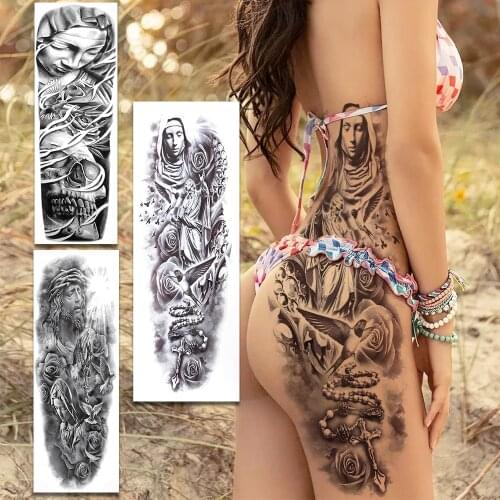 Jesus Christ Nun Girl Temporary Tattoos Sleeve For Women Men Adult Realistic Pigeon Cross Skull Full Arm Fake Tattoo Body Tatoos