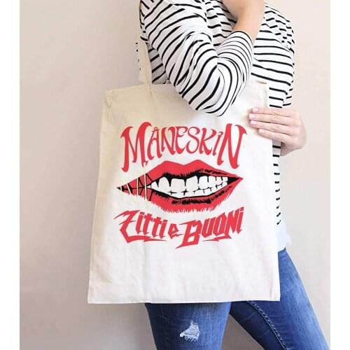 Maneskin Women Canvas Tote Bag Eco Shopping Bag Large Capacity Shoulder Bag for Women Female Foldable Beach Shopper Bag