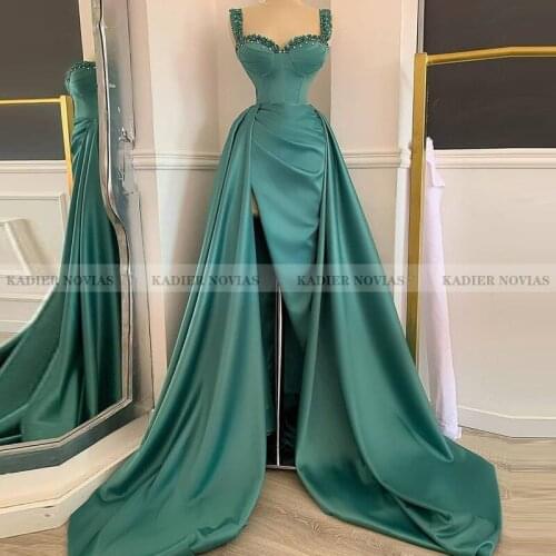 Kadier Novias Long Arabic Mermaid Green Evening Dresses Sleeveless Satin with Detachable Skirt Formal Women Prom Party