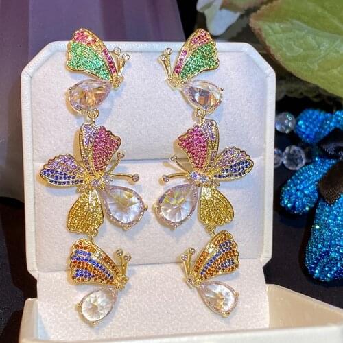 Colorful Big Butterfly Earring Shine Long Classic Cubic Zirconia Crystal for women Tassel Party Luxury Accessories Jewelry