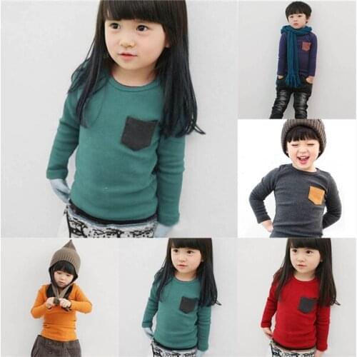 Hot Toddler Baby Long Sleeve Crewneck T-shirt Pocket Deco Boy Girl Shirt Top Clothes