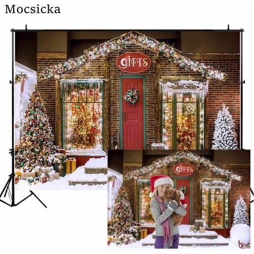 Mocsicka Snow Photography Backdrops Christmas Tree Gift House Child Portrait Photo Background Winter Outdoor Decoration Props