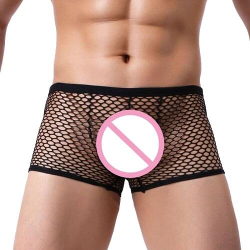 Mens See Through underwear GAY large mesh sexy U convex full transparent Boxer shorts nightclub Exotic Breathable underpants
