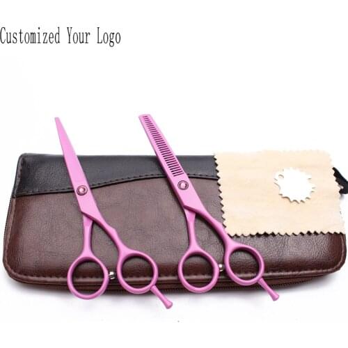 5.5" 15.5cm Engrave Logo Pink Stainless Straight Scissors Thinning Shears Professional Pet Scissors Dog Grooming Scissors C1013